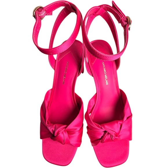 Antonio Melani Tess Fuchsia Satin Bow Ankle Strap Block Heel Sandals 8.5 Wedding - Picture 10 of 11